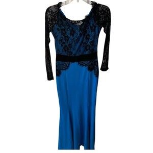 Viwenni Dress Womens M Lace Maxi Long Sleeve Top Blue Jersey Knit Formal Event